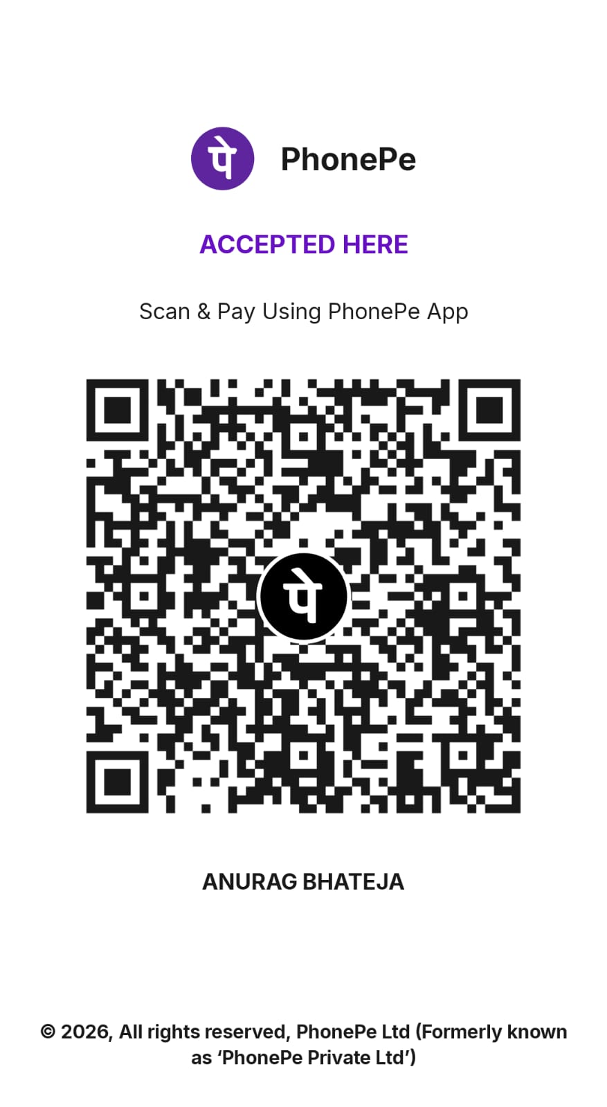 PhonePe donation QR code in the name of Anurag Bhateja